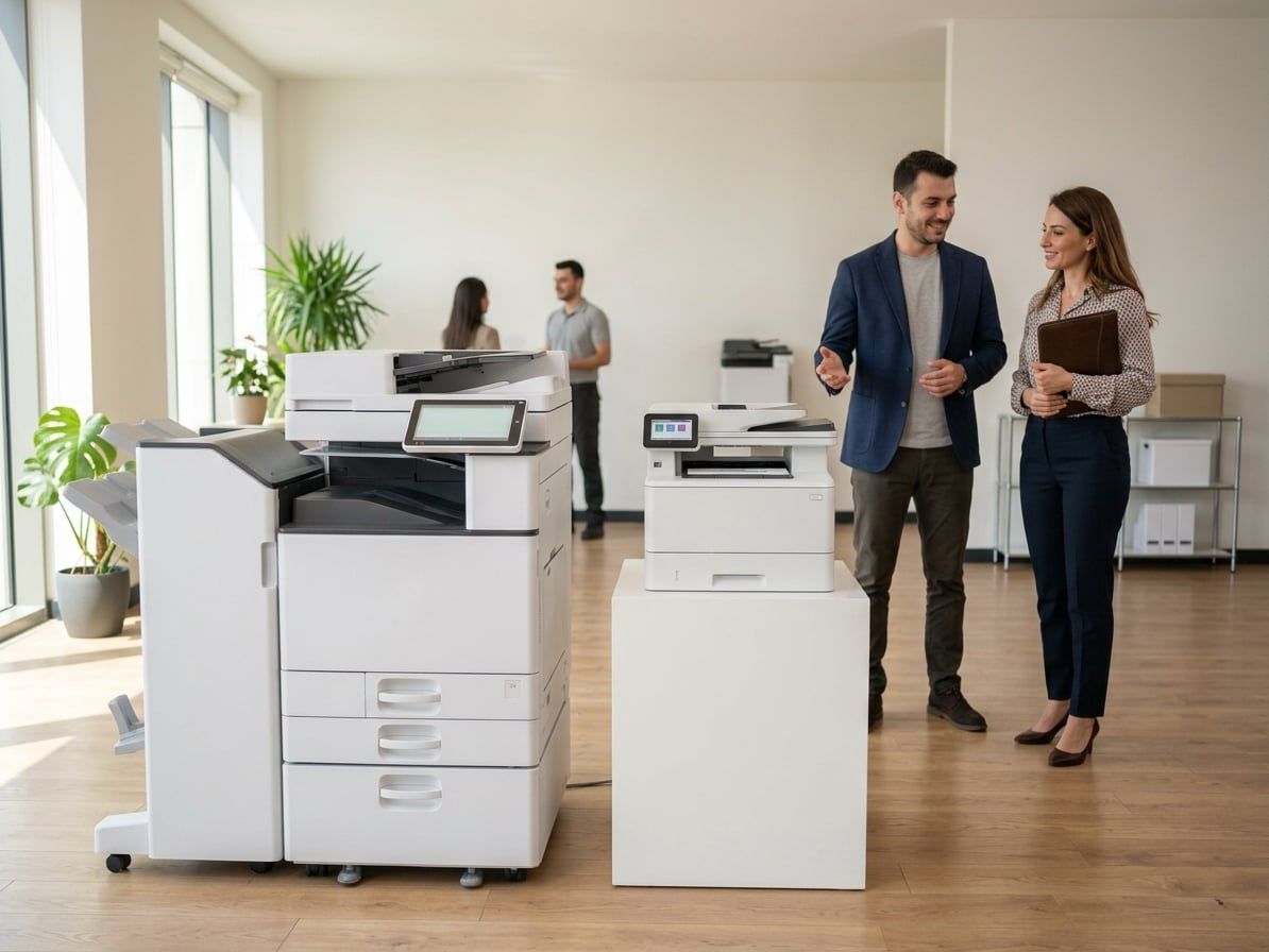 Showroom ortamında iki farklı çok fonksiyonlu yazıcı modelini inceleyen iki kişi